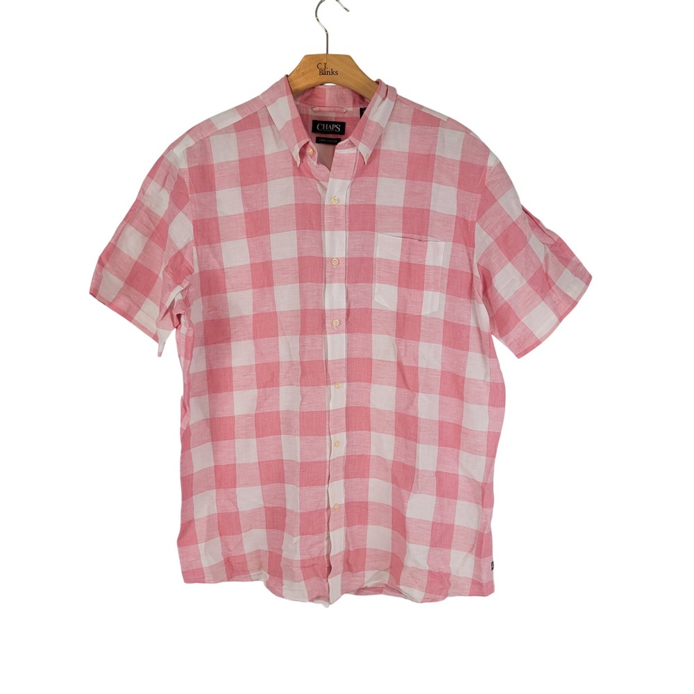 Chaps Linen Cotton Plaid Button Down Shirt Pink White Size Extra Large Checkered